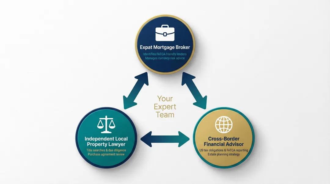 Three essential professional advisors for Americans buying European property infographic