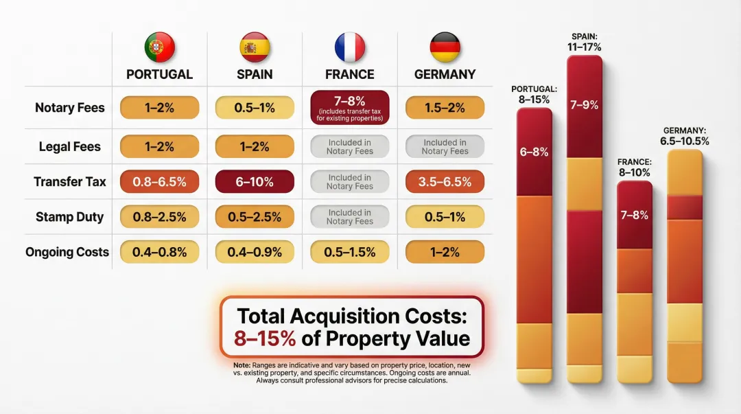 European property acquisition cost breakdown by country showing 8 to 15 percent total fees