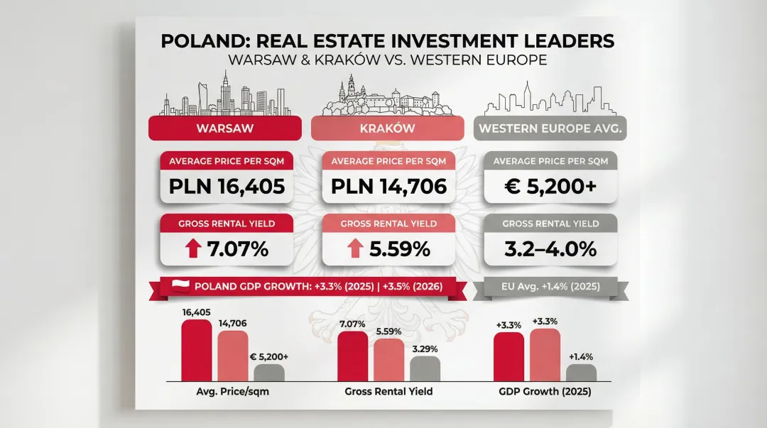 Warsaw and Krakow Poland rental yield and price per square meter comparison chart