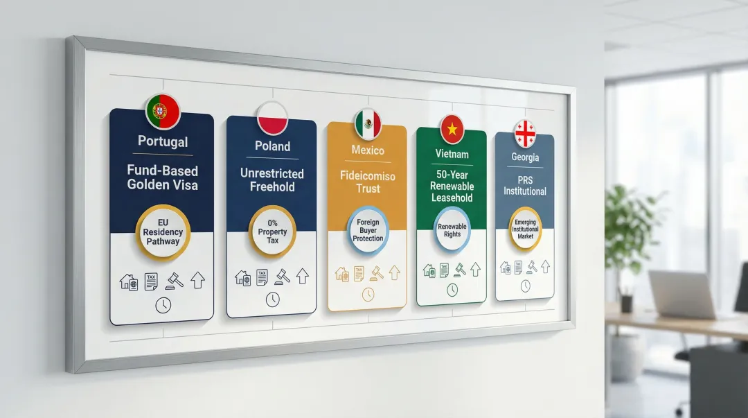Five country foreign ownership regulatory framework comparison infographic for international investors