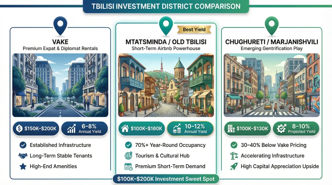Tbilisi real estate districts investor profile comparison infographic with yield ranges