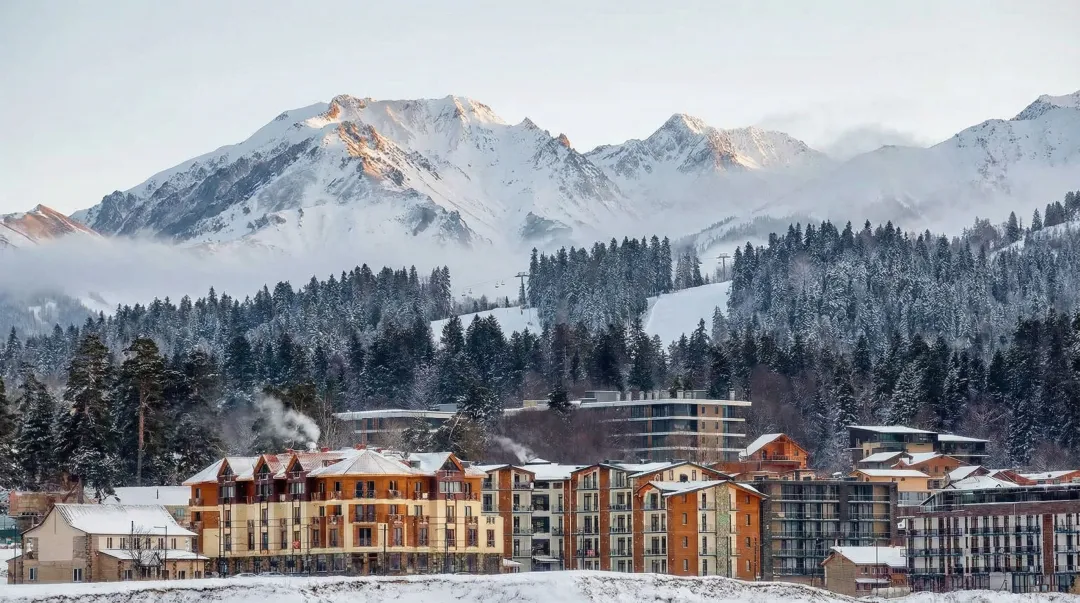Bakuriani mountain ski resort Georgia with snow slopes and resort village infrastructure