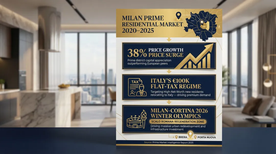 Milan prime real estate 38% price growth 2020-2025 key drivers infographic