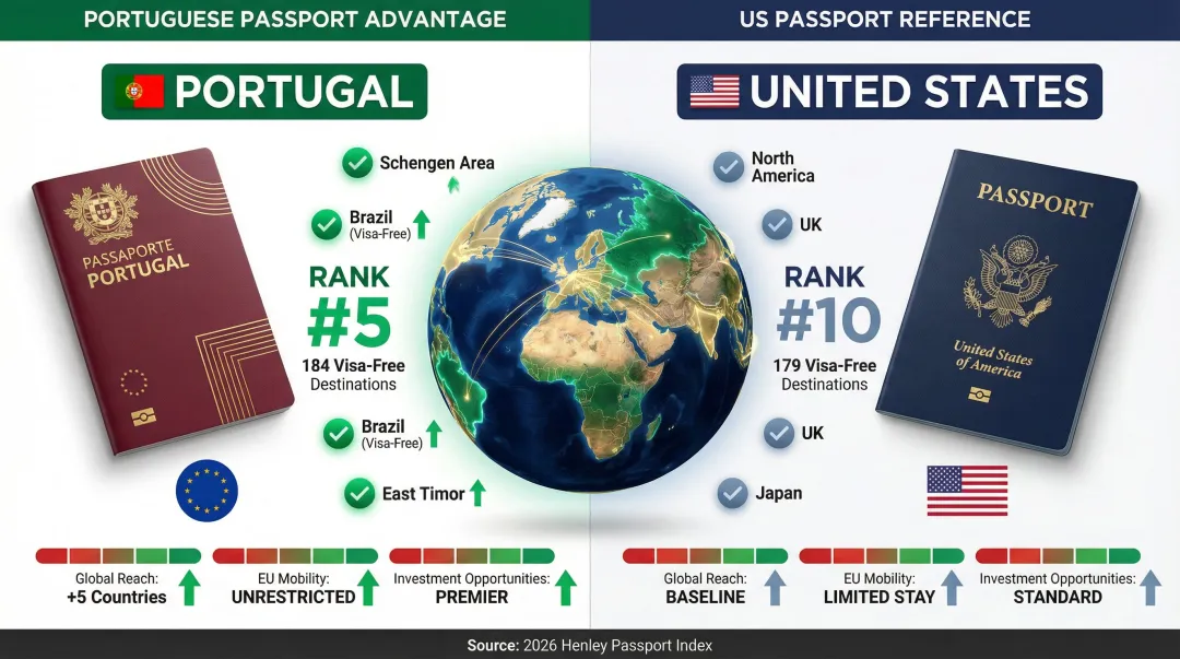 Portuguese passport versus US passport global visa-free access ranking comparison infographic