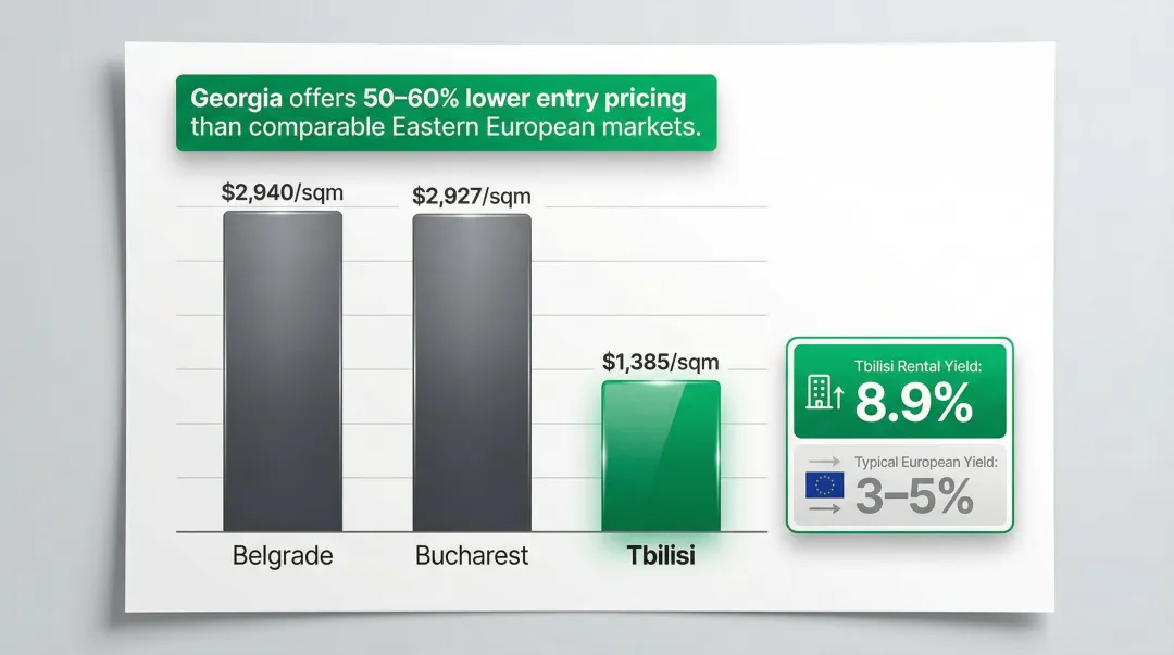 Tbilisi versus Belgrade versus Bucharest real estate price per sqm comparison chart