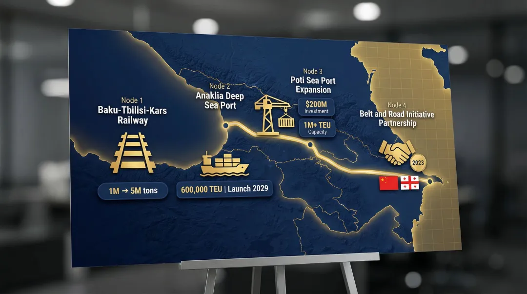 Georgia Middle Corridor infrastructure investments map and development timeline infographic