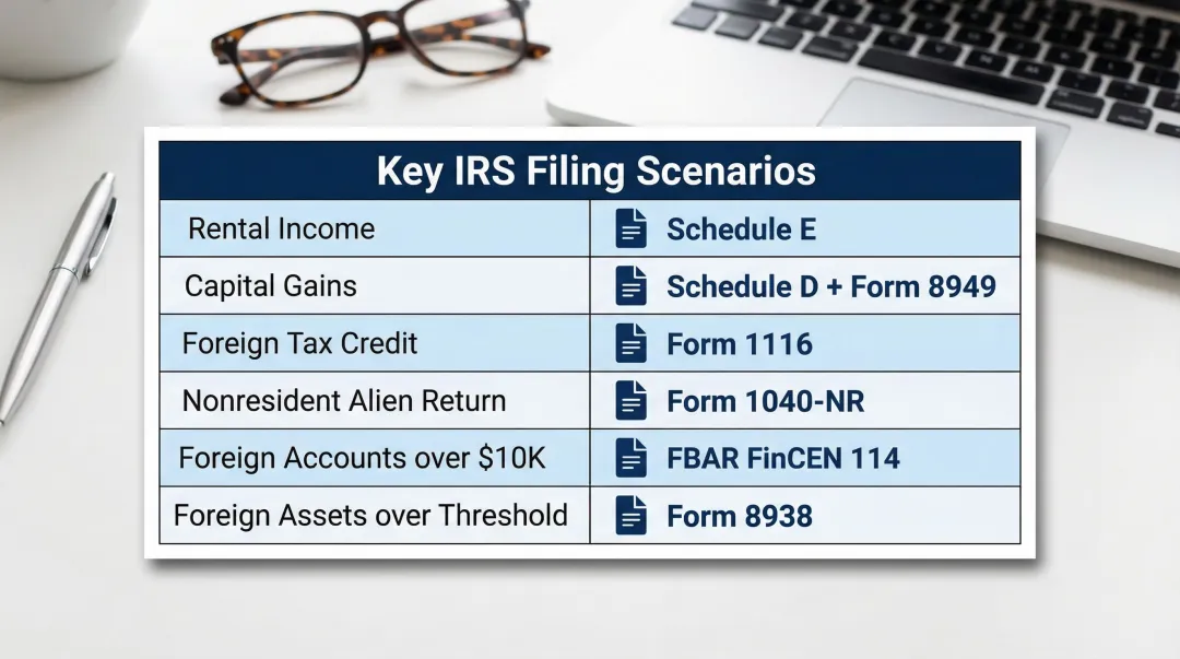 International real estate tax forms by scenario reference chart infographic