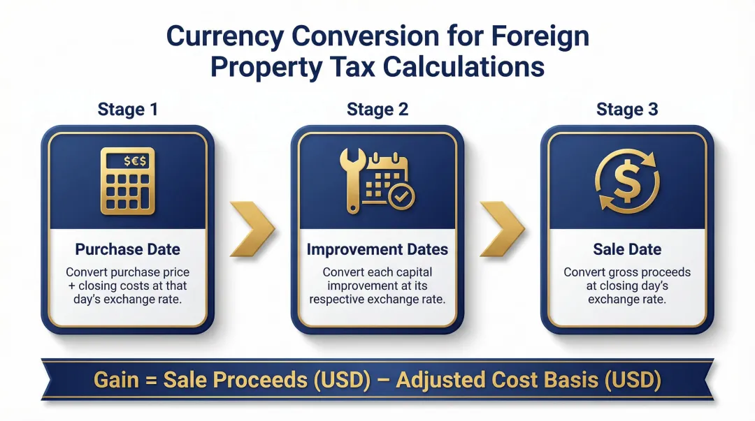 USD to foreign currency property cost basis conversion process flow diagram