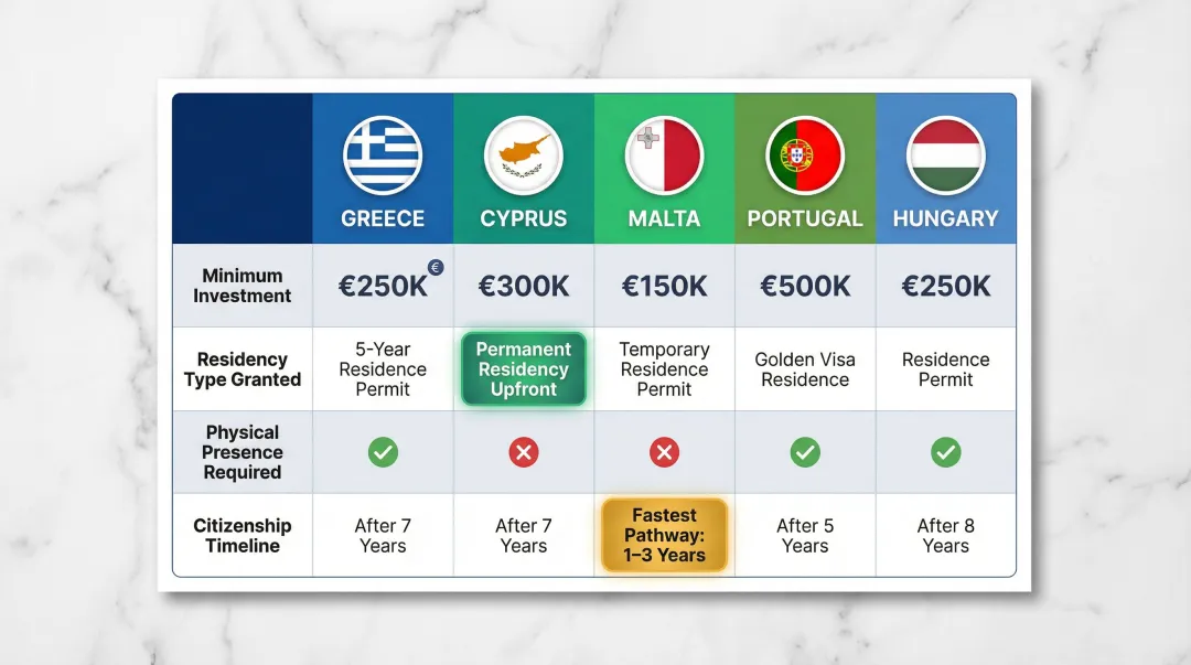 European Golden Visa program comparison across Greece Cyprus Malta Portugal and Hungary