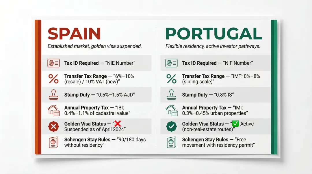 Spain versus Portugal property buying costs and visa options side-by-side comparison chart