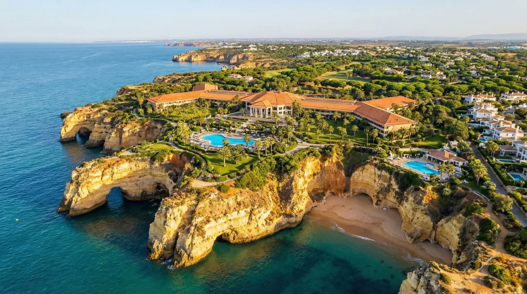 Aerial view of Algarve Golden Triangle coastline with luxury villas and championship golf courses