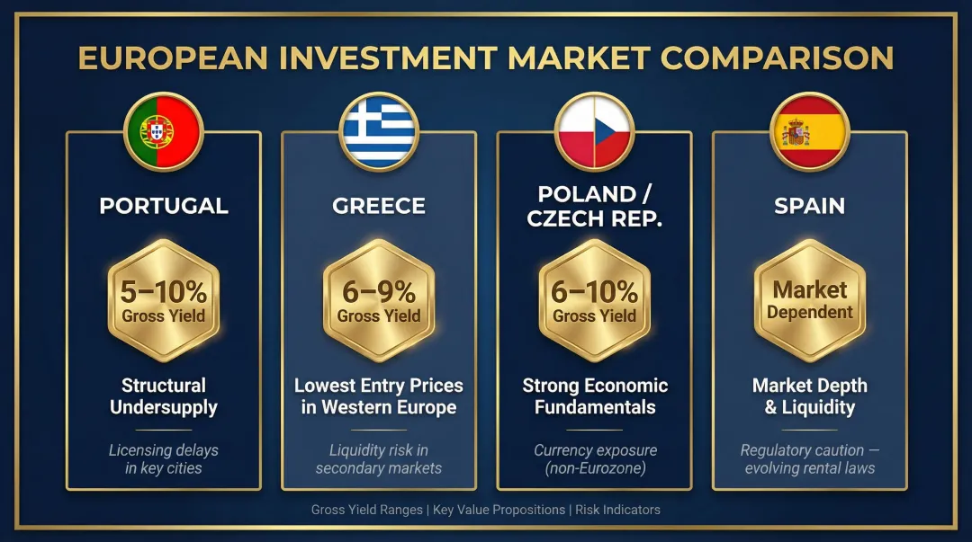 Four European property markets investment comparison with rental yields and key characteristics