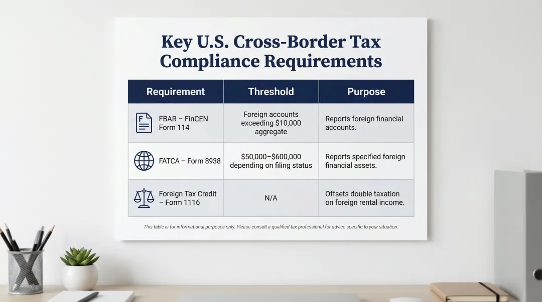 U.S. international real estate tax compliance requirements FBAR FATCA foreign tax credit