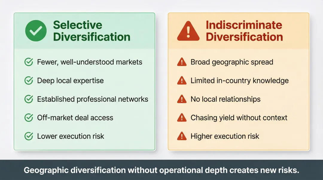 Selective versus indiscriminate geographic real estate diversification comparison infographic