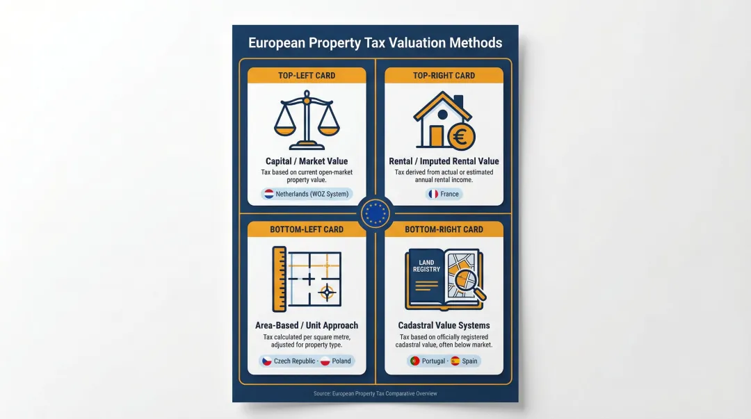 Four European property tax valuation methods comparison infographic for investors