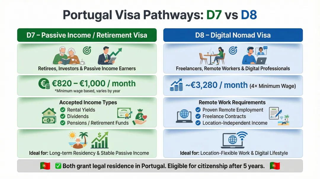 Portugal D7 passive income visa versus D8 digital nomad visa side by side comparison
