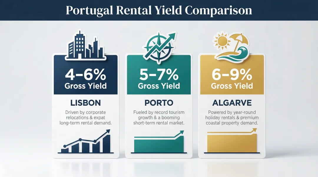 Portugal regional rental yield comparison Lisbon Porto Algarve gross yield rates