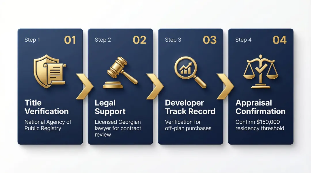4-step Georgia property due diligence process flow for foreign buyers infographic