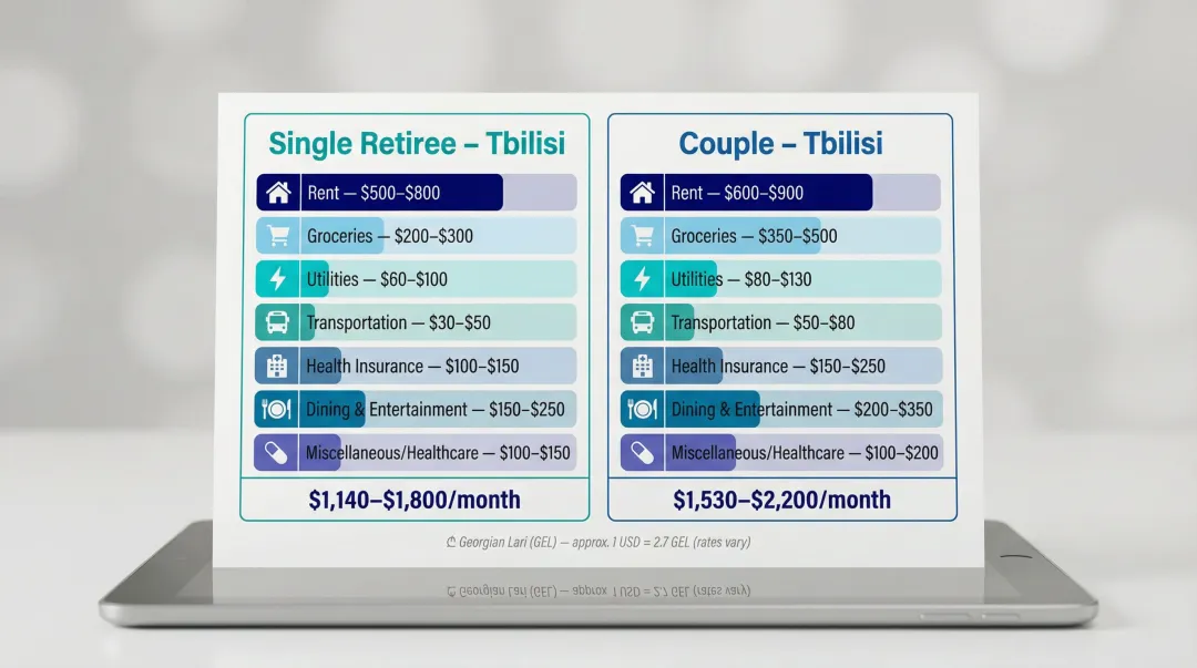 Monthly retirement budget breakdown for single retiree and couple living in Tbilisi Georgia