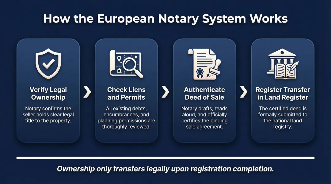 European notary system four-step property ownership transfer process flow