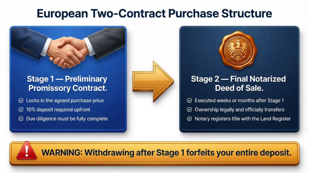 European two-contract property purchase structure preliminary agreement to final deed
