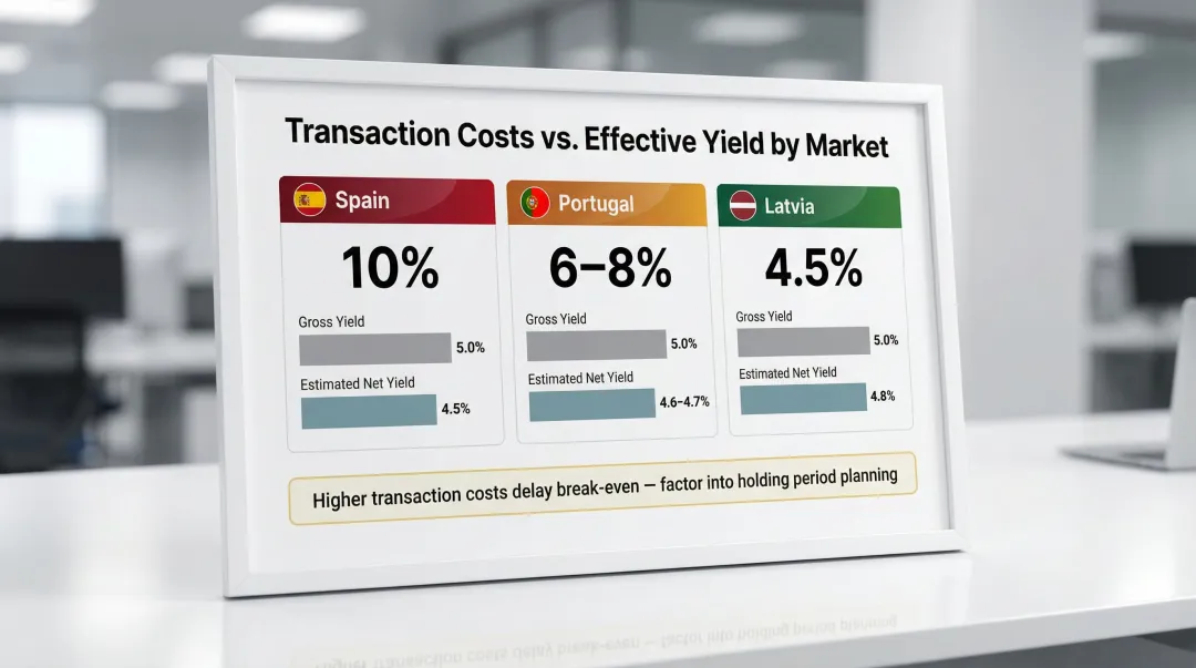 European real estate transaction cost comparison Spain Portugal Latvia gross net yield impact