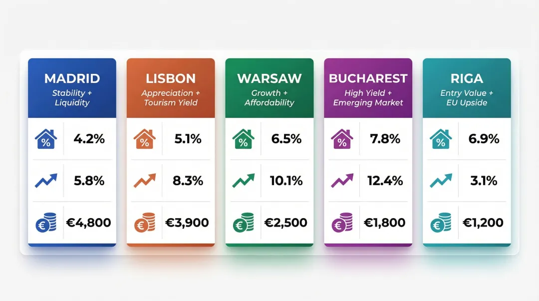 Five European cities rental yield and price growth comparison chart 2025