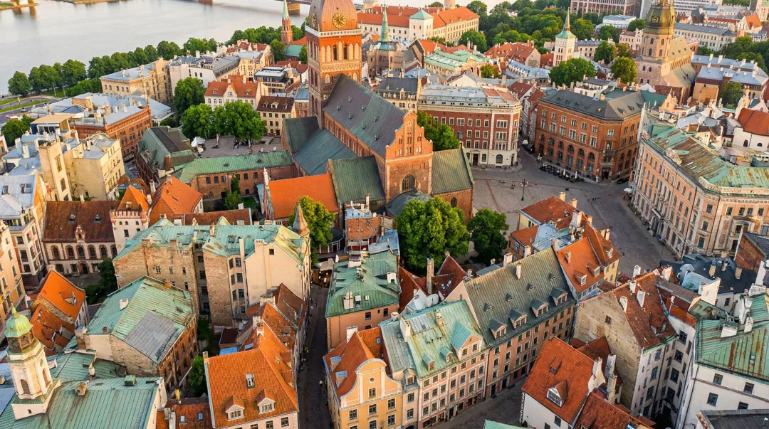 Riga Latvia Old Town Vecriga residential buildings and skyline aerial view
