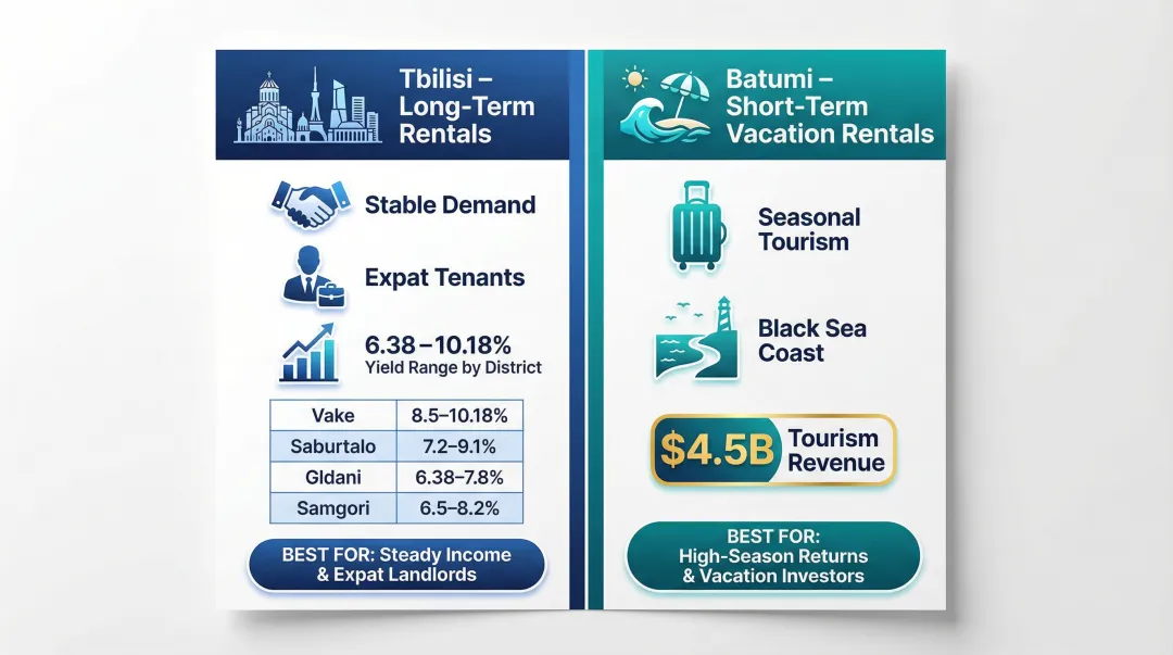 Tbilisi versus Batumi real estate investment strategy comparison rental yields and market type