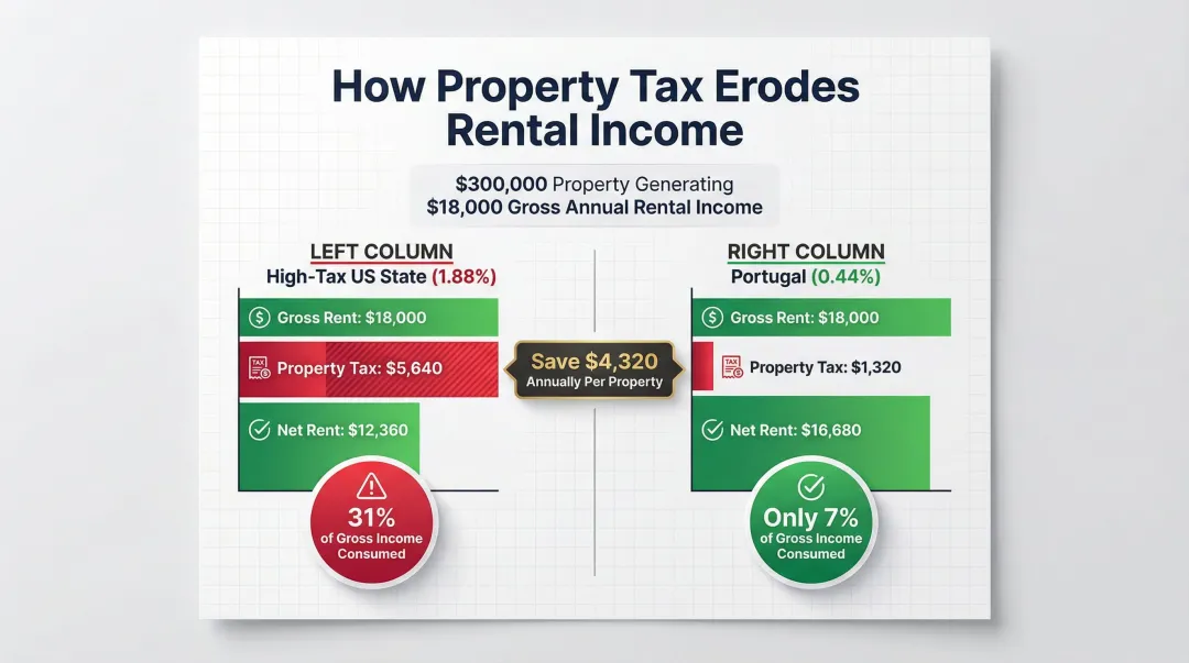US versus Portugal property tax rental yield impact side-by-side comparison infographic