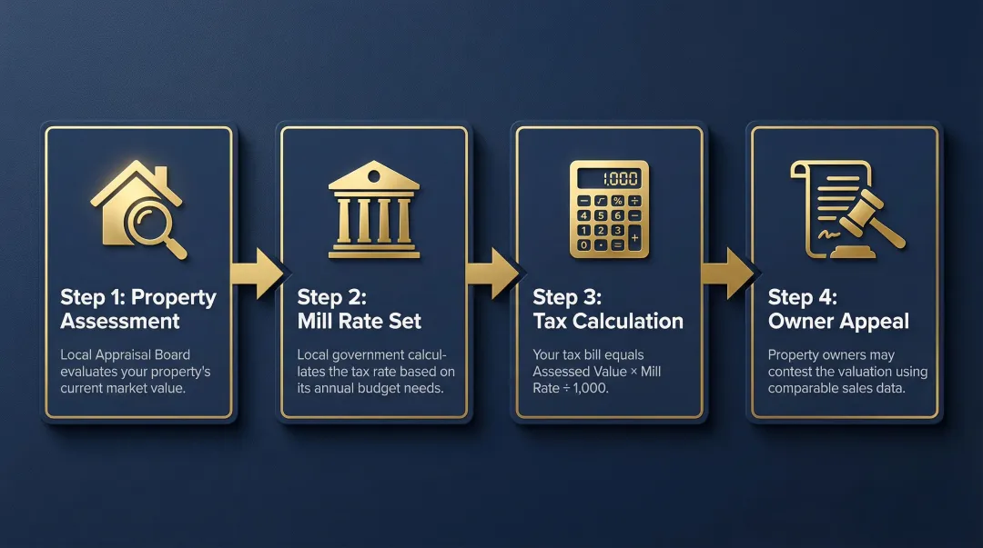 4-step US property tax assessment and calculation process flow diagram