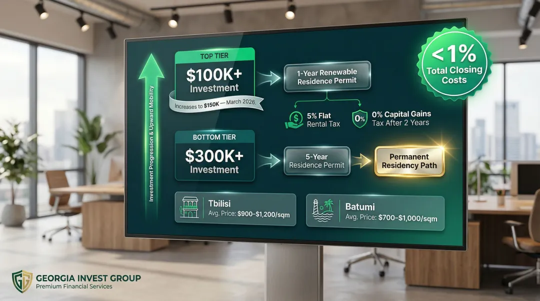 Georgia property investment thresholds and residency permit pathway comparison infographic