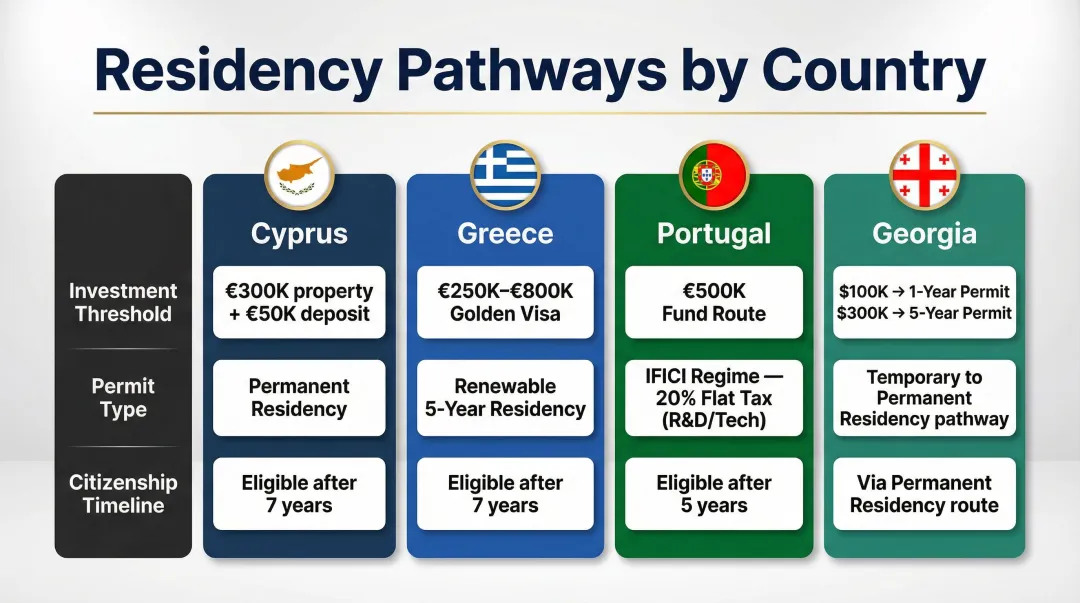 Residency pathway comparison across Cyprus Greece Portugal and Georgia for foreign property buyers