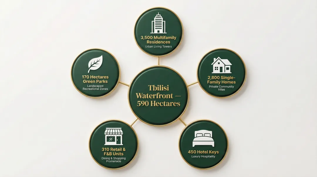 Tbilisi Waterfront 590-hectare masterplan components breakdown infographic