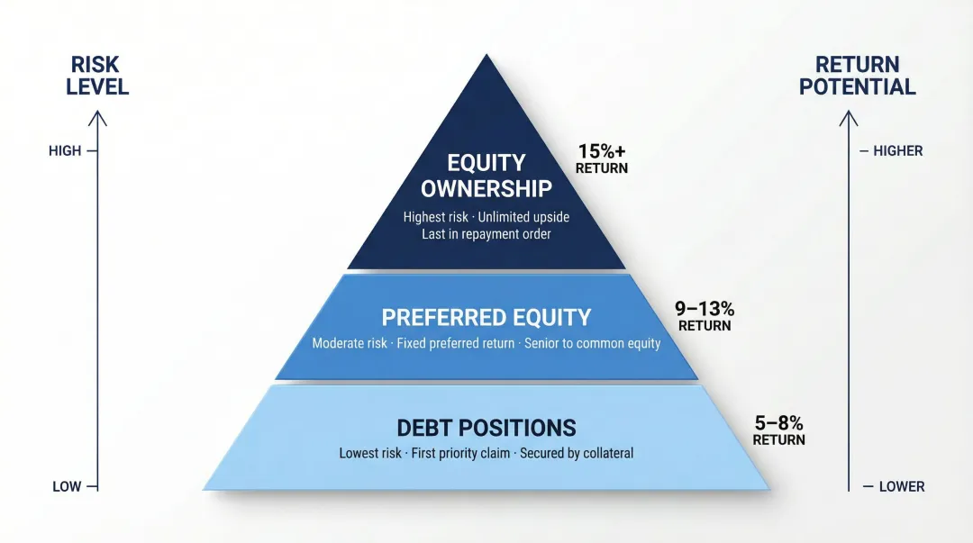 Real estate capital stack showing equity preferred equity and debt risk return profiles