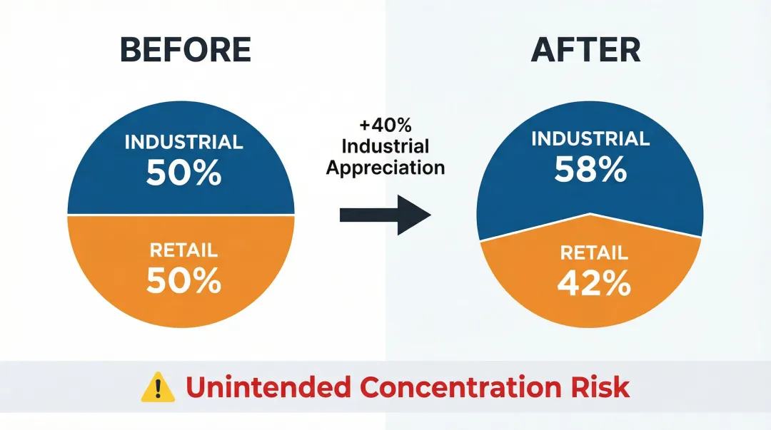 Portfolio drift example showing allocation shift from balanced 50-50 to industrial-heavy 58-42