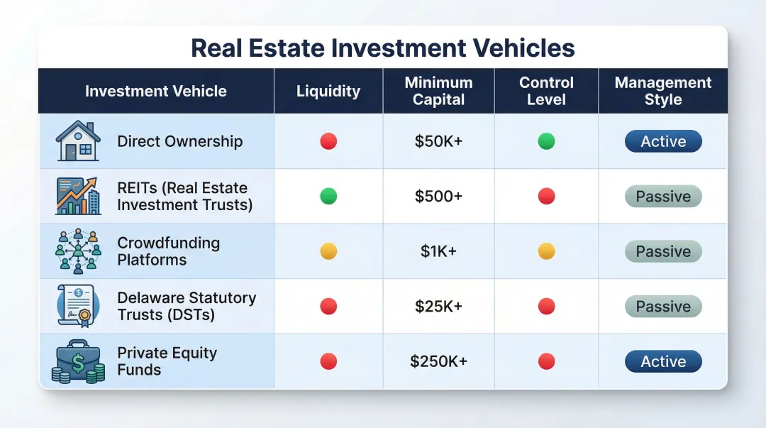 Five real estate investment vehicles compared by liquidity control and minimum investment