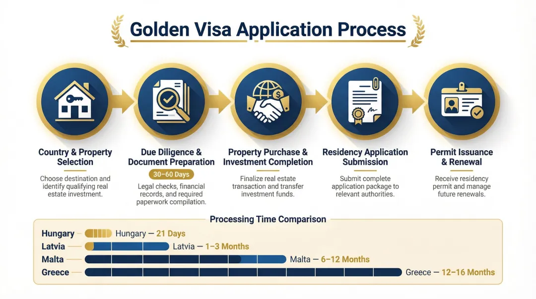 Five-step Golden Visa application process from property selection to residency permit issuance
