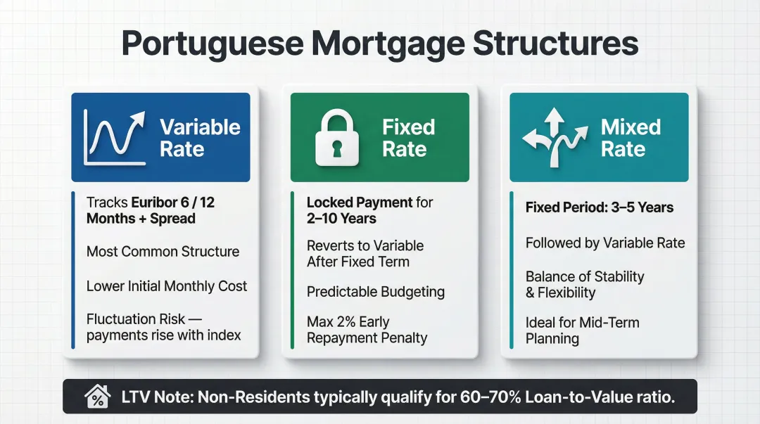 Portugal mortgage structure types comparison variable fixed and mixed rate options for buyers