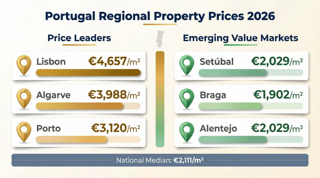 Portugal regional property prices comparison map 2026 price leaders versus emerging markets