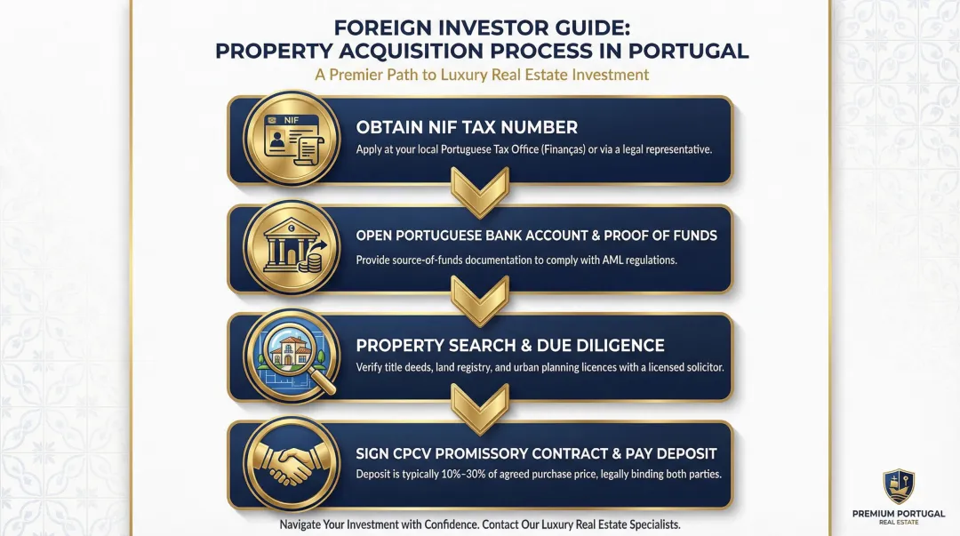 Four-step Portugal property purchase process for American foreign investors flowchart