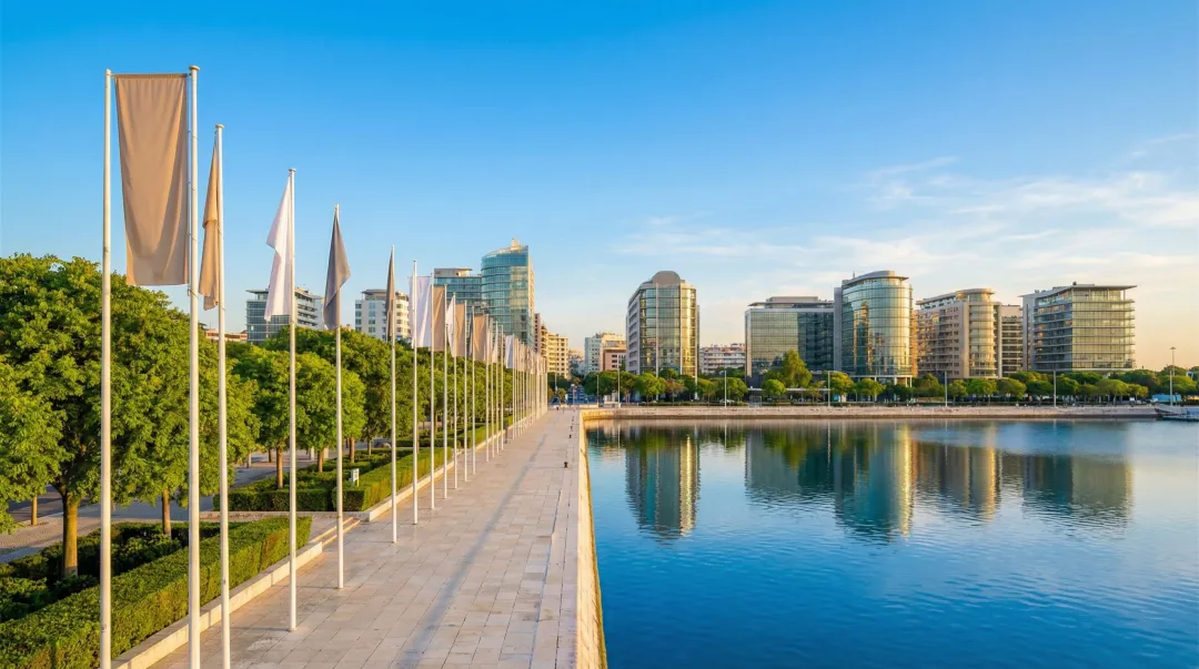 Lisbon waterfront Parque das Nações modern residential district with riverfront promenade