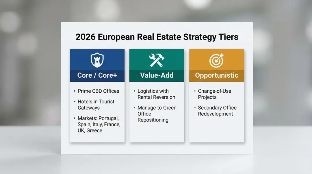 2026 European real estate investment strategy tiers core value-add opportunistic comparison