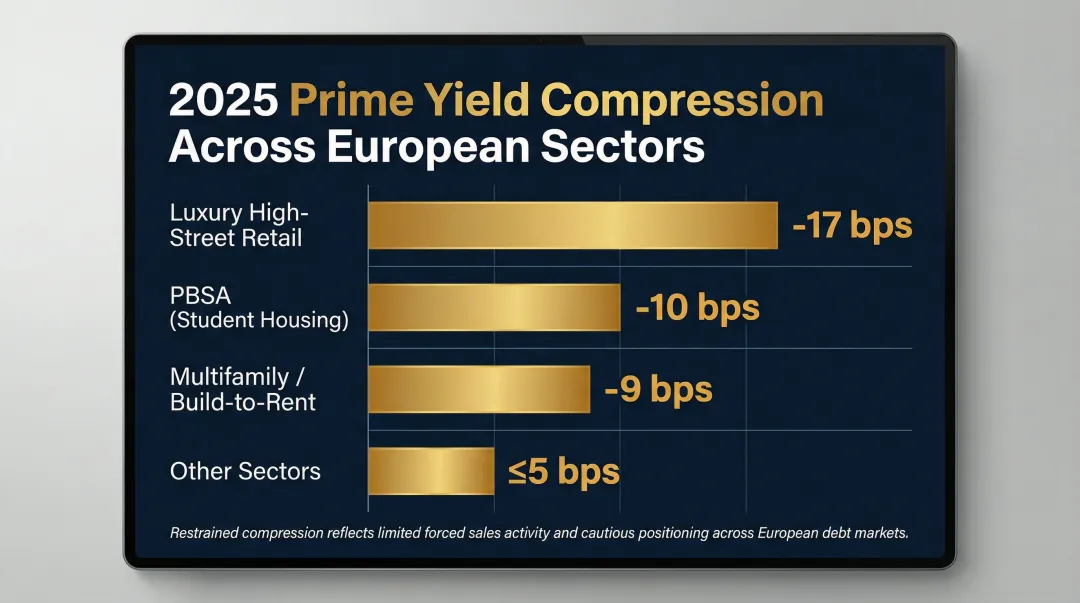 European prime real estate yield compression by sector basis points 2025