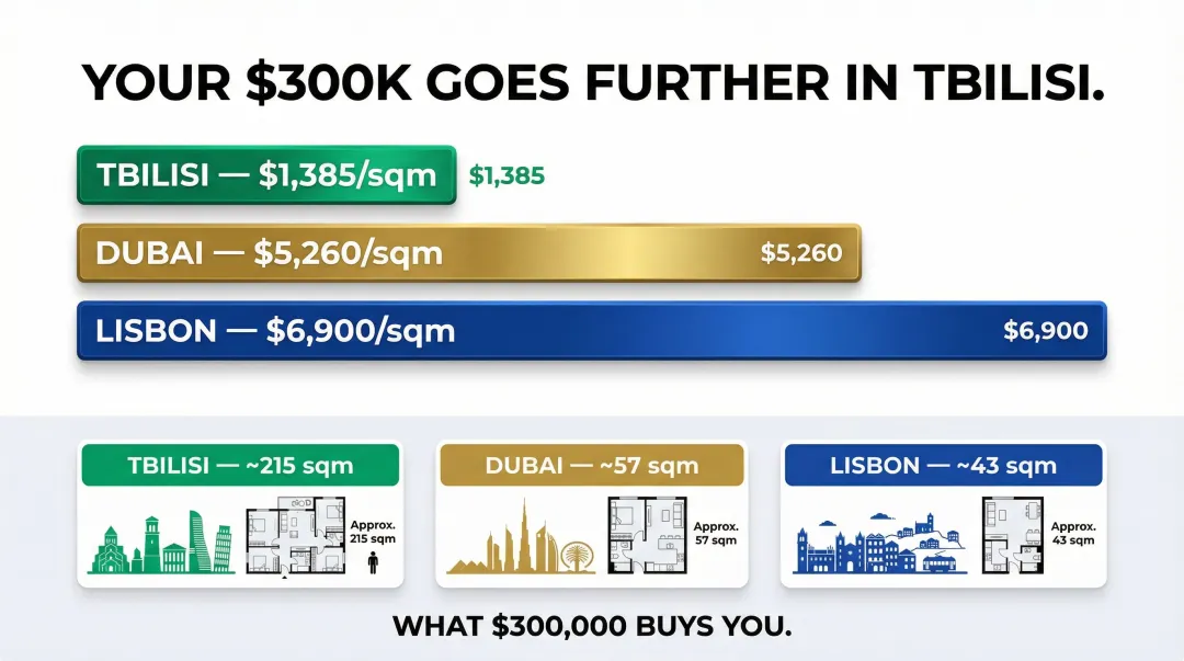 Property price per square meter comparison Tbilisi versus Lisbon and Dubai markets