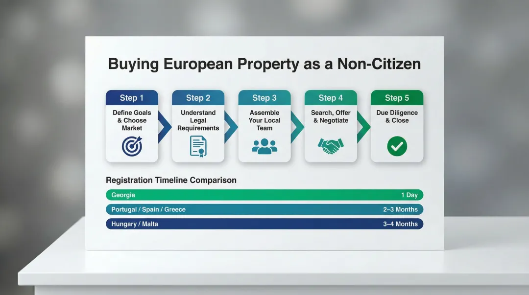 5-step European property buying process for non-citizens with registration timelines