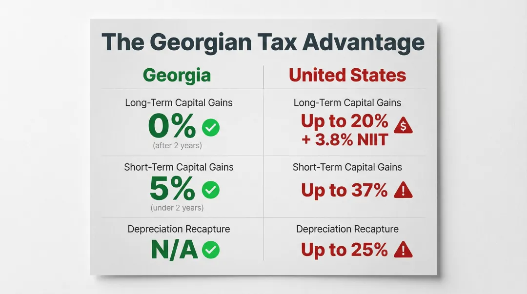 Georgia versus US real estate capital gains tax rate side-by-side comparison chart