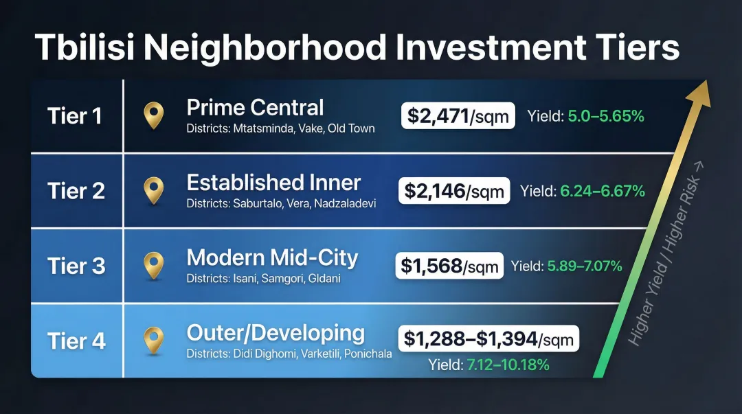 Tbilisi neighborhood investment tiers price per sqm and rental yield comparison