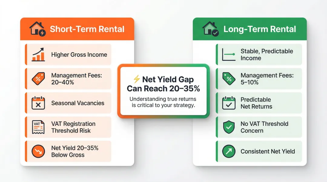 Short-term versus long-term rental net yield comparison with cost breakdown infographic