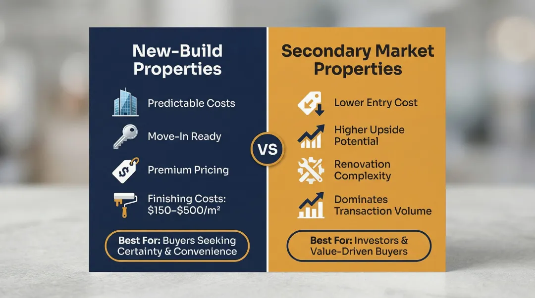 New-build versus secondary market property investment comparison side-by-side infographic